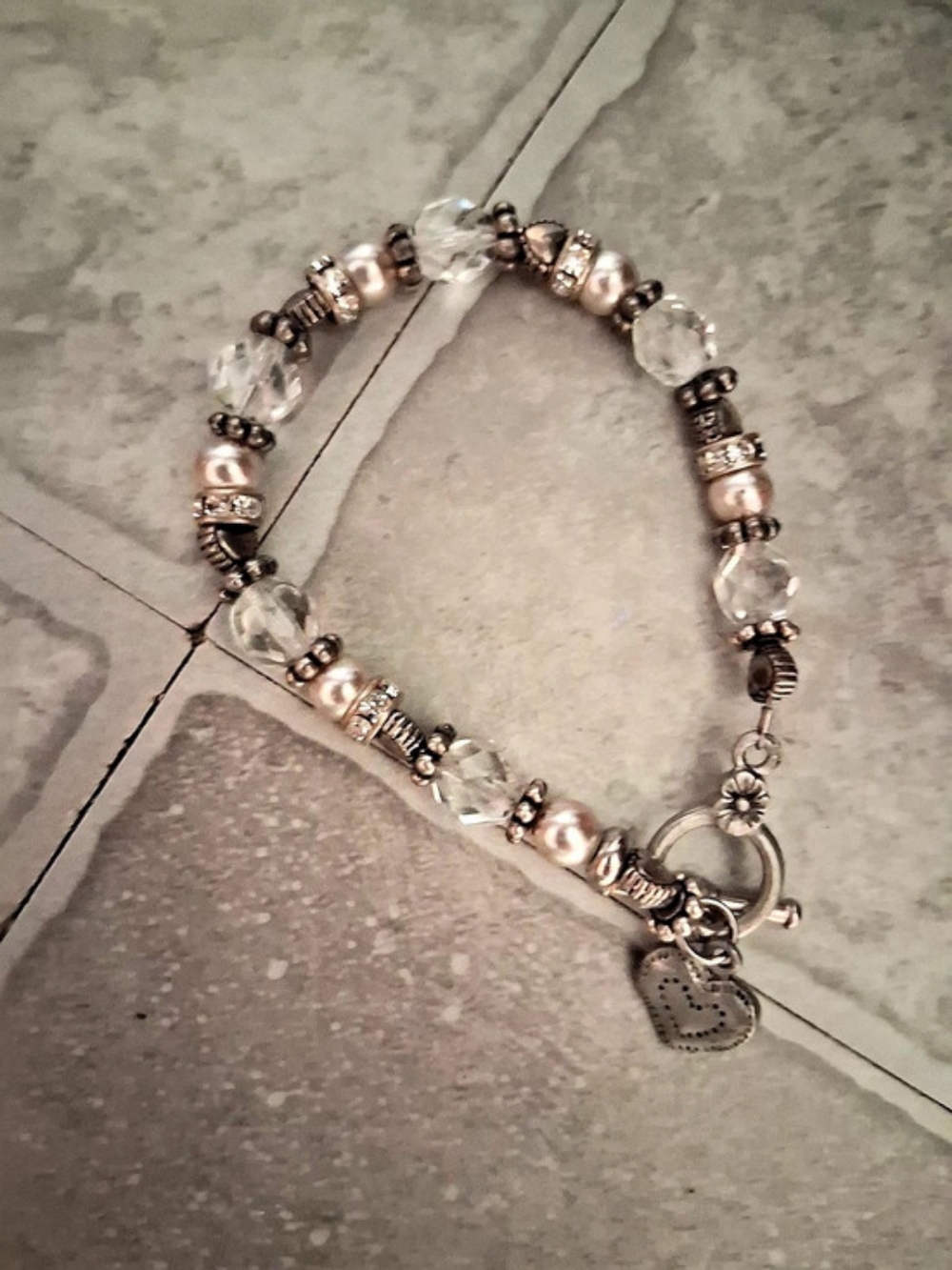 Beaded Charm Bracelet in Gray & Pink Like New
